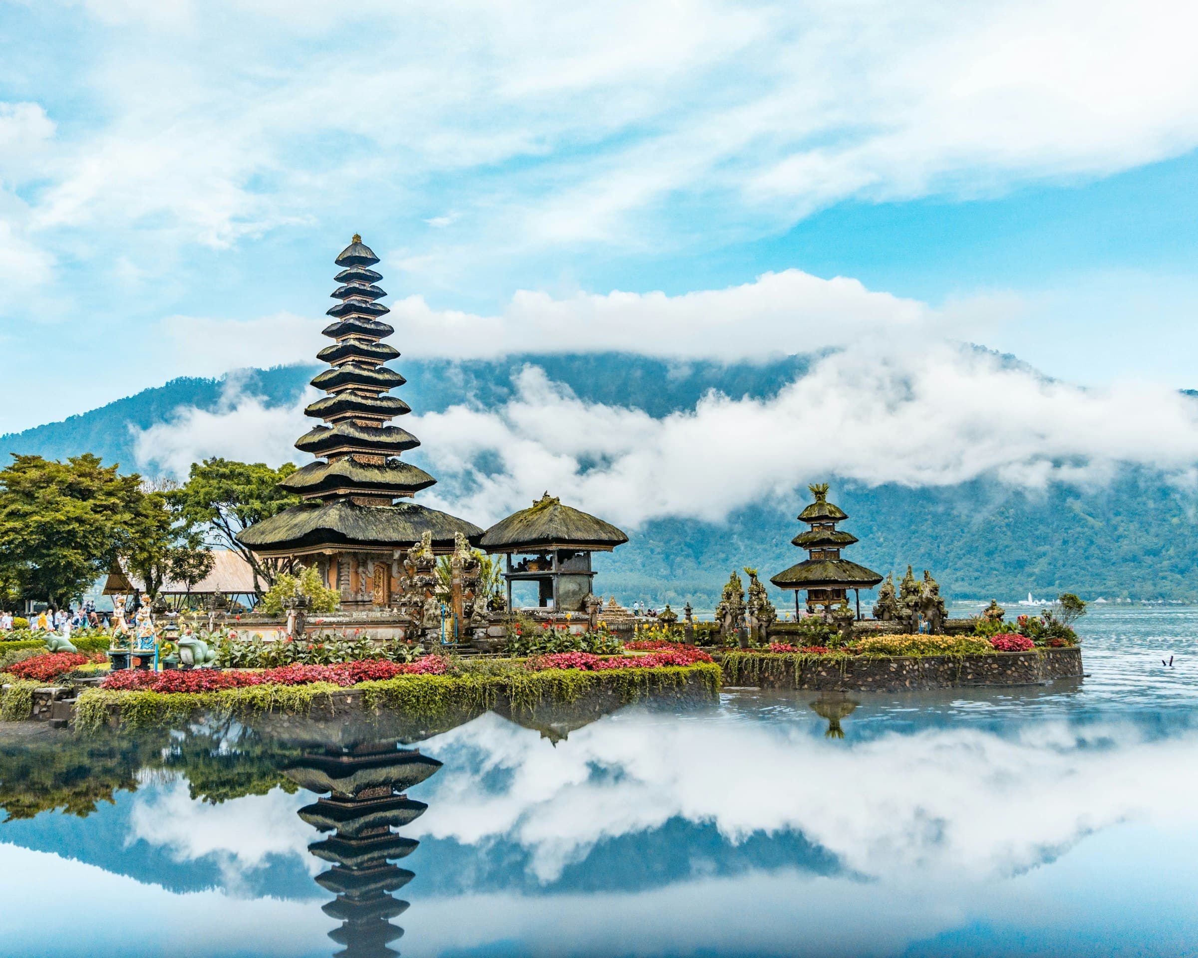 Pura Ulun Danu Bratan temple reflected in a misty mountain lake, Bali